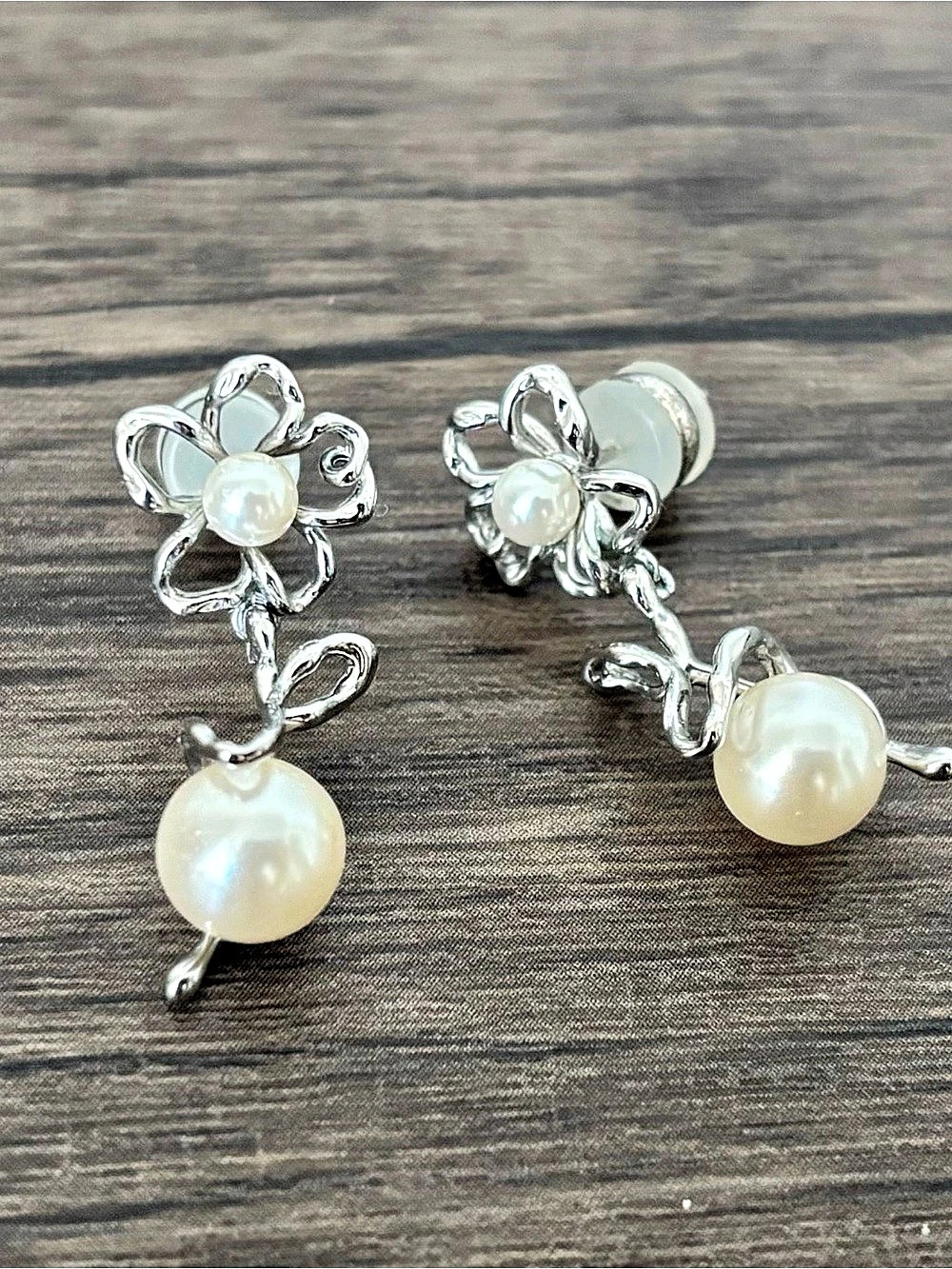 Pearl Flower Drop Earrings in White & Silver
